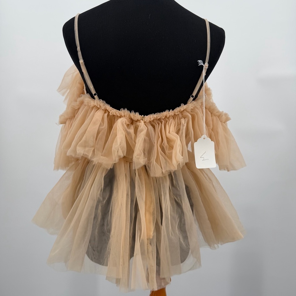 NWT Elegant Boho Ruffle Nude Mesh Corset Lace Up Top - Picture 8 of 8